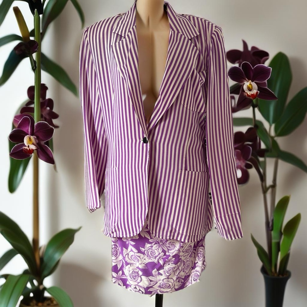 Emanuel Ungaro Purple and White Tailored Blazer and floral print skirt